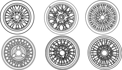 vector outline set of classic tire wire wheel rim 