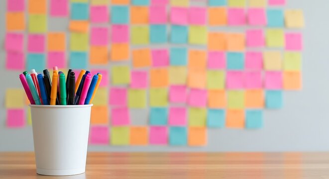 A minimalist shot of a white cup holding colorful pens against a multi-colored sticky note wall - Powered by Adobe