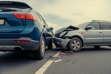Vehicle collision resulting in front end damage to a silver SUV and visible damage to a dark blue car