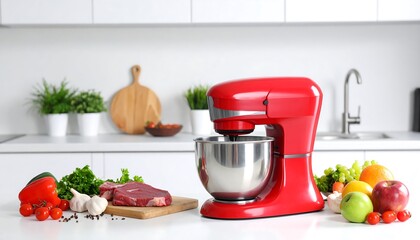 Red stand mixer with kitchen prep.