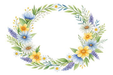 Fototapeta premium Vibrant watercolor floral wreath with daisies and lavender