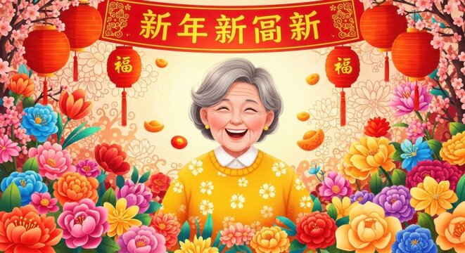 Joyful Celebration of Lunar New Year with a Grateful Grandmother Amidst Blooming Flowers