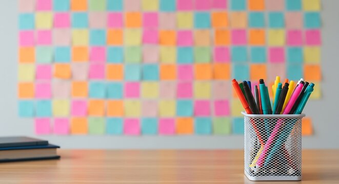 ​A creative and organized scene featuring a paper cup of pens and a wall of bright notes