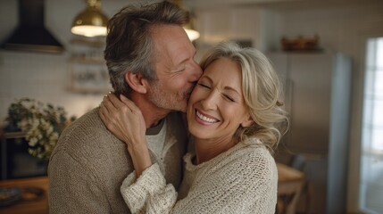 smiling mid age older couple hugging and kissing standing at home happy senior adult mature classy husband and wife embracing bonding enjoying wellbeing and love in new modern house no logos no brand