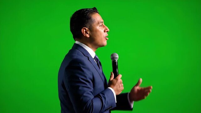 Engaging Public Speaker in a Blue Suit Gesturing Passionately While Holding a Microphone on Green Screen