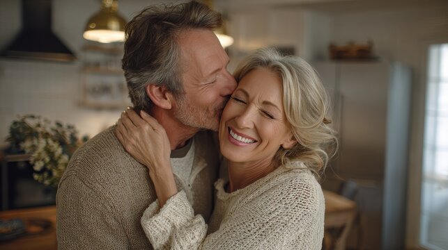 smiling mid age older couple hugging and kissing standing at home happy senior adult mature classy husband and wife embracing bonding enjoying wellbeing and love in new modern house no logos no brand