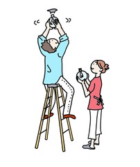 夫婦の協力シーン 電球交換 コミカルイラスト