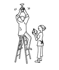 夫婦の協力シーン 電球交換 コミカルイラスト