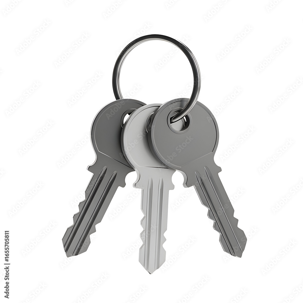 Poster modern metal keys on ring - security access control isolated on transparent background