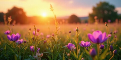 Fototapeta premium Violet & pink wildflowers bloom in a sun-drenched meadow at sunset , serene, wildflowers