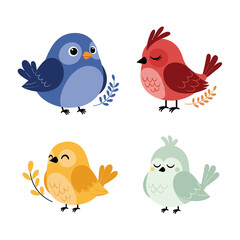 Fototapeta premium Charming collection of cute plump feathered friends in four delightful colors perfect for springtime designs