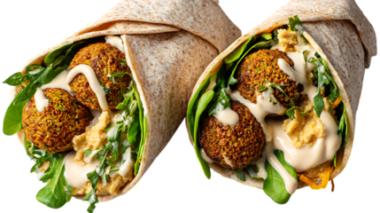 Two falafel wraps with greens and hummus on white background. 