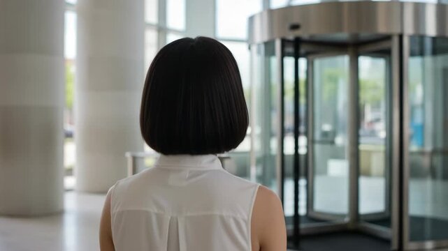 A woman with a bob haircut stands in front of a revolving door in a modern building, showcasing contemporary architecture and urban design