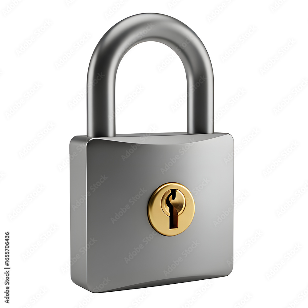 Poster silver padlock with gold keyhole on transparent background representing security and protection.