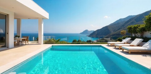 Fototapeta premium Luxury villa rental with private pool and stunning ocean views Perfect for a relaxing getaway or family vacation Enjoy the sun-drenched terrace and breathtaking scenery , sunset, outdoor living