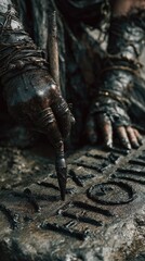 Close-up of weathered hands carving symbols into dark stone