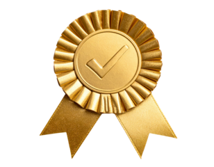 Classic Golden Quality Seal Rosette with Central Checkmark, Frontal View, Isolated on Transparent Background