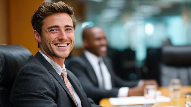 smiling businessman sitting with a colleague at a boardroom table during a meeting in an office no logos no brands ar 169 - Powered by Adobe