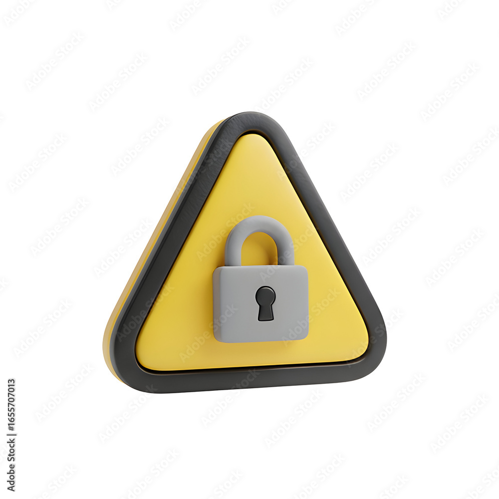 Poster cybersecurity warning: 3d padlock on transparent triangle for secure data protection and safety