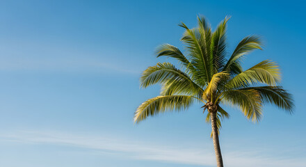 Palm tree silhouette against a serene blue sky evoking tropical tranquility with the gentle breeze whispering through its fronds a vibrant symbol of paradise bathed in warm sunlight offering an