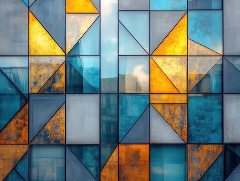 Blue yellow orange abstract geometric triangles, modern building glass facade, high contrast color reflection