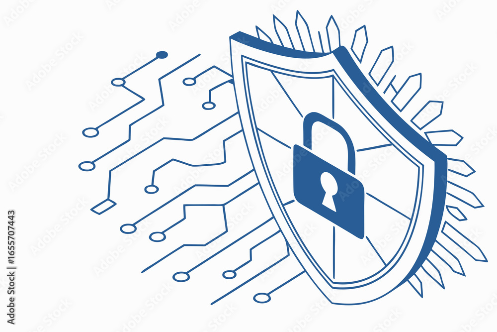 Poster digital security shield with unlocked padlock and circuitry