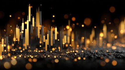 Abstract financial chart, gold and black candlesticks on dark background with glittering particles
