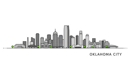 Naklejka premium Oklahoma City Skyline A minimalist illustration capturing the architectural essence of the city, featuring landmark buildings and iconic silhouettes against a clean background