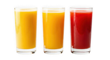 Three tall glasses filled with vibrant orange juice and red juice isolated on transparent background