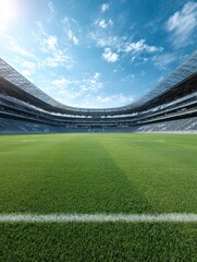 a wide shot of an empty soccer stadium field with bright green grass and white lines shot on a sunny day