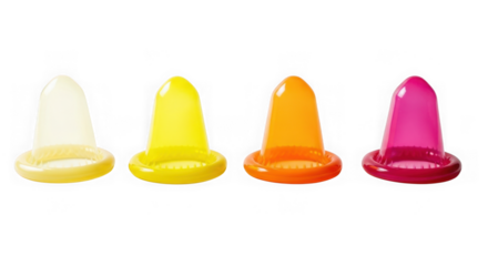 Four colorful translucent silicone plugs with rounded bases isolated on transparent background