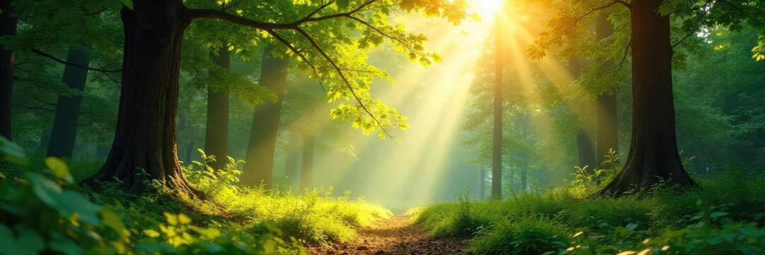 Sun-Dappled Forest Peaceful Meditation Scene, Gently Swaying Leaves, Tranquil Nature, Yoga, Serenity - Powered by Adobe