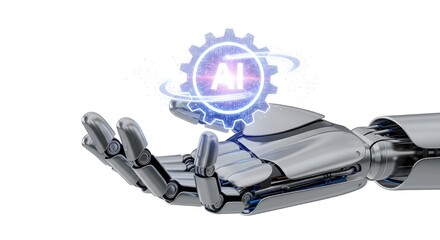 Robotic palm holding AI gear symbol with rotating animation effect, white background.
