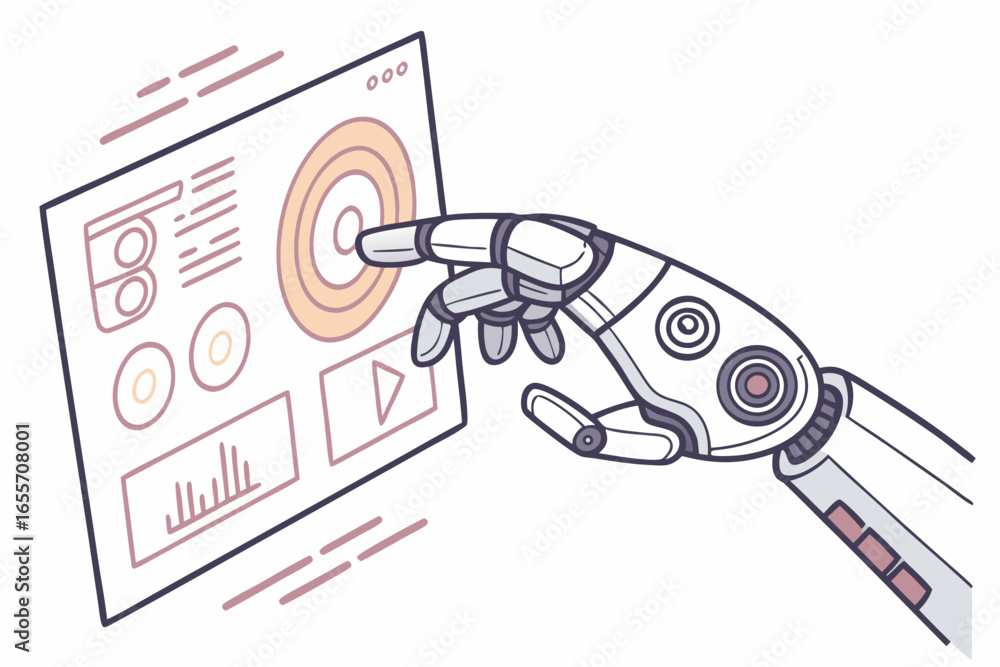 Poster robot hand touching a digital interface screen technology
