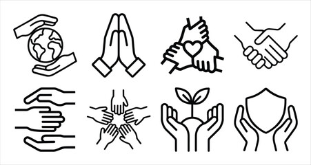 Hands care unity support protection icon set with earth heart plant and shield