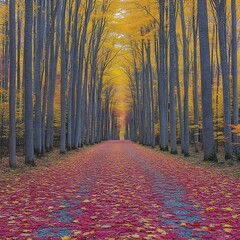 Autumnal pathway lined with trees in fall foliage.