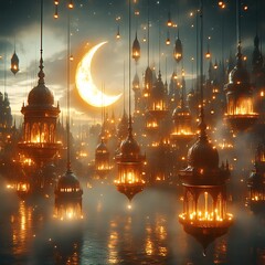 Obraz premium Floating city illuminated by numerous lanterns at night.