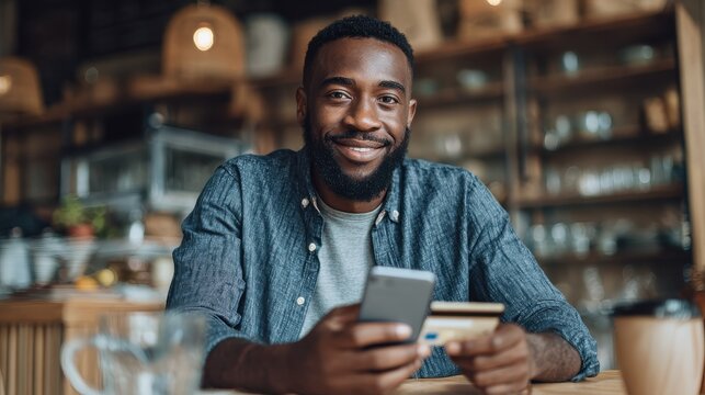african american man in casual shirt paying with credit card online while making orders via the internet successful black businessman making transaction using mobile bank application selective focus 