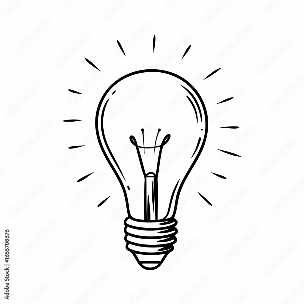 Poster a simple black and white drawing of a light bulb with radiating lines around it on a white backgroun
