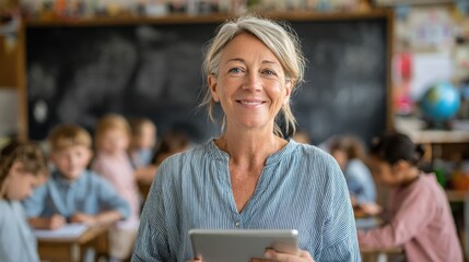 happy smiling middle aged woman elementary or junior school female teacher standing in classroom looking at camera holding digital tablet teaching children students during class portrait no logos no 