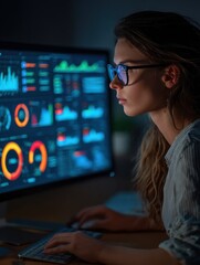 data analyst woman working on a business analytics dashboard