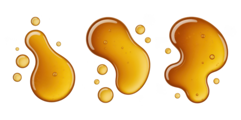 Three golden liquid blobs and droplets isolated on transparent background