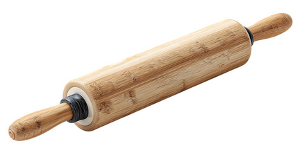 A bamboo rolling pin with ergonomic grip, minimalistic kitchen tool presentation, shown neatly on smooth white background 