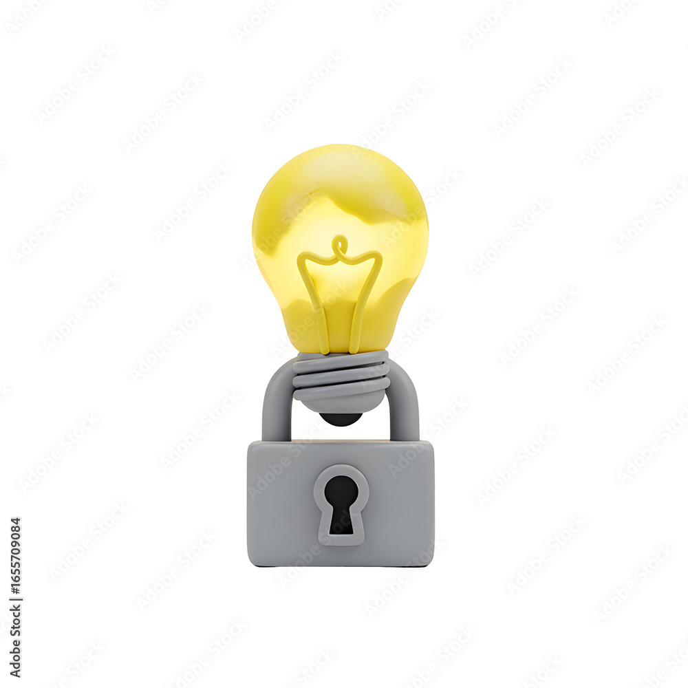 Poster lightbulb secured by padlock on transparent background: protecting intellectual property, innovation
