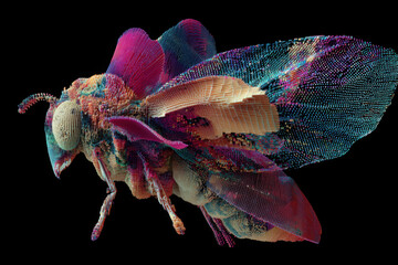 A vibrant 3D rendering of a bee, constructed from colored voxel mesh particles and digital scan interference, buzzing with glitch aesthetics.