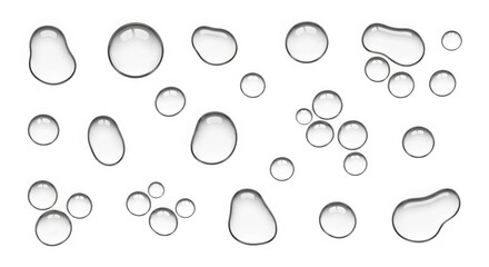 Collection of realistic water droplets with subtle reflections isolated on transparent background