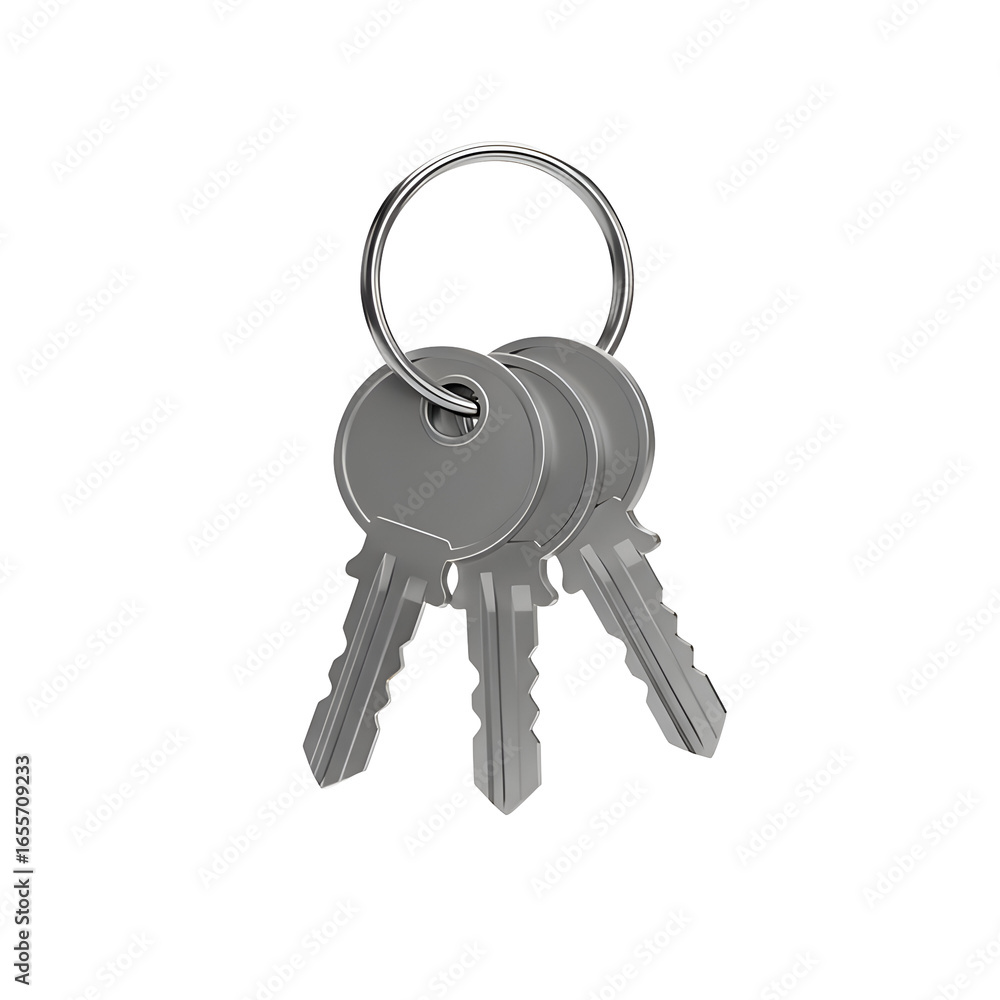 Poster set of three keys on a keyring, isolated on transparent background, for graphic design use.