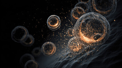 Abstract representation of glowing cellular exosome vesicles merging into skin surface