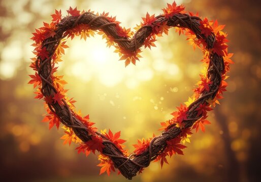 Autumn heart shaped wreath of branches and colorful leaves romantic love symbol