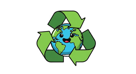 A cute cartoon earth with recycle symbol isolated on transparent background, promoting...
